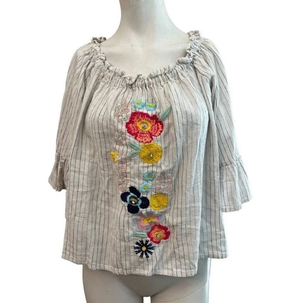 Womens Large Linen Embroidered White Blue Striped Blouse Boho Travel Casual